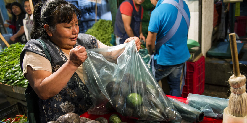 Zum Kauf angebotene Avocados, eine davon aufgeschnitten