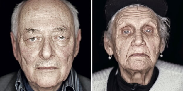 Zwei Porträts nebeneinander zeigen einen alten Mann und eine alte Frau, die eine Kopfbedeckung trägt