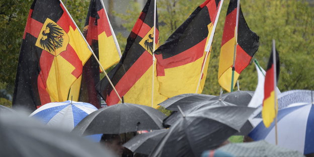 nationalistische Fahnen und aufgespannte Regenschirme