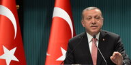 Erdogan neben zwei großen Türkei-Fahnen