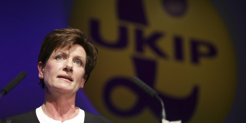 Diane James vor dem Ukip-Logo