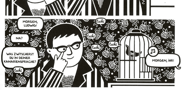 Comiczeichnung von Abirached. Ihr Urgroßvater spricht mit einem Vogel im Käfig