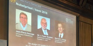Die drei Chemie-Nobelpreisgewinner 2016 sind auf der Leinwand über der Jury zu sehen