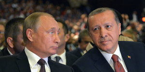 Die Staatschef Erdoğan und Putin gucken sich an