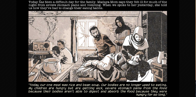 Die Seite eines Comics zeigt das Bild einer Familie in einem Zimmer