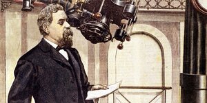 Giovanni Schiaparelli mit Schriftstück vor seinem Teleskop