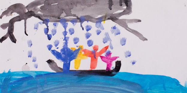 Ein mit Wasserfarben gemaltes Bild: In einem Boot, das auf blauem Wasser schwimmt, stehen vier Menschen; über ihnen vergießt eine schwarze Wolke dicke Regentropfen