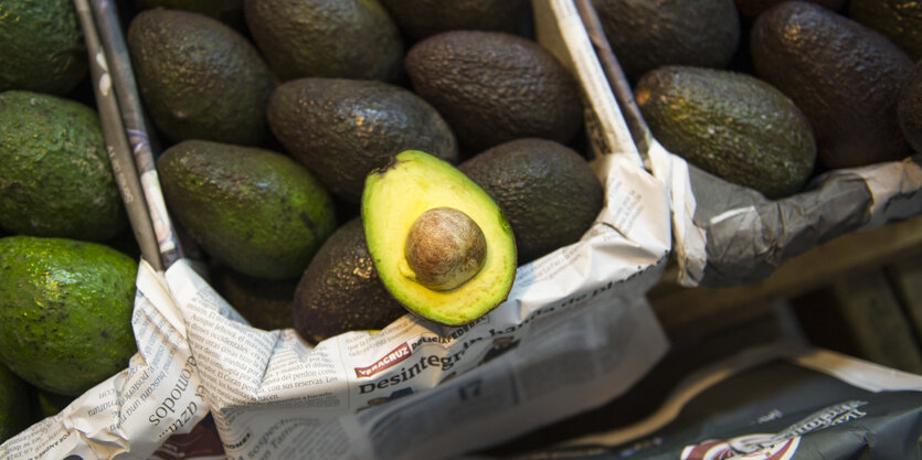 Eine Kiste Avocados, eine ist bereits halbiert