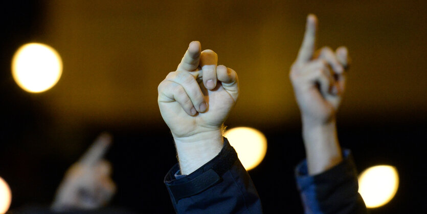 Zwei Menschen halten ihre Mittelfinger in die Luft