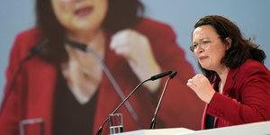 Bundesarbeitsministerin Andrea Nahles, SPD, spricht beim Sozialstaatskongress der IG Metall in Berlin