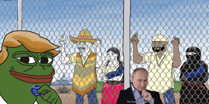 Collage aus veschiedenen Internet-Memes, darunter der grüne Comicfrosch Pepe the Frog, und Wladimir Putin