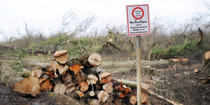 Holz unter einem Warnschild