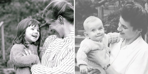 Zwei schwarz-weiß Bilder nebeneinander: Auf beiden ist jeweils eine Frau mit einem Kind auf dem Arm zu sehen.