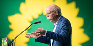 ein Mann spricht vor einem großen Grünen-Logo in ein Mikrofon