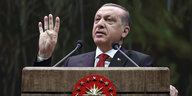 Erdogan mit erhobener Hand, hinter einem Pult bei einer Rede