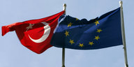 Die türkische Flagge und die EU-Flagge wehen im Wind