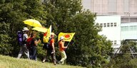 Vier Demonstranten laufen mit Flaggen vor einem Atommeiler