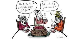 Karikatur von drei alten Frauen, die um einen Kuchen sitzen