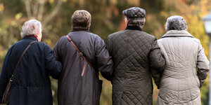 Vier Menschen sind von hinten zu sehen, wie sie untergehakt in einem Wald spazieren gehen