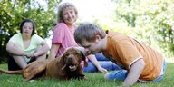 Ein Junge mit Down-Syndrom streichelt eineb Hund im Park
