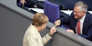 Angela Merkel und Peter Hintze machen Faxen im Bundestag