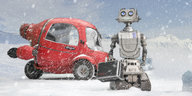 Neben einem roten Auto steht ein Roboter im Schnee