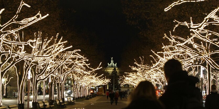 Unter den Linden sind die Bäume mit Lichterketten dekoriert.