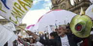 Eine Menschenmenge schwenkt Fahnen und hält Regenschirme hoch