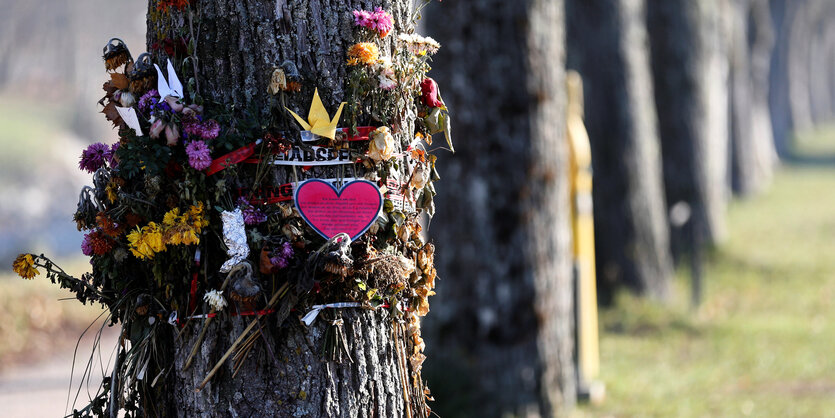 Blumen und Nachrichten an einem Baum in einer Allee