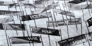 EIn Zeichnung mit vielen Schildern auf denen steht „Wir sind das Volk“