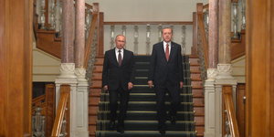 Putin und Erdogan schreiten eine Treppe herab
