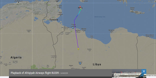 Eine Karte zeigt eine Flugroute von Libyen nach Malta
