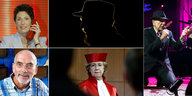 Eine Collage mit den Gesichtern von Erika Berger, Peter Lustig, Fidel Castro, Jutta Limbach und Leonard Cohen