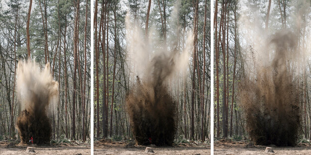 Drei Bilder von explodierendem Sprengstoff