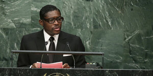 Teodoro Obiang Mangue steht an einem Rednerpult im UN-Hauptquartier
