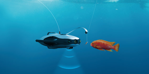 Ein Angeroboter hält einem Fisch eine Angeschnur hin
