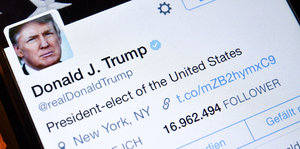 Trumps Twitterprofil: President-elect of the United States. Folge ich- 41. Follower: 16.962.494