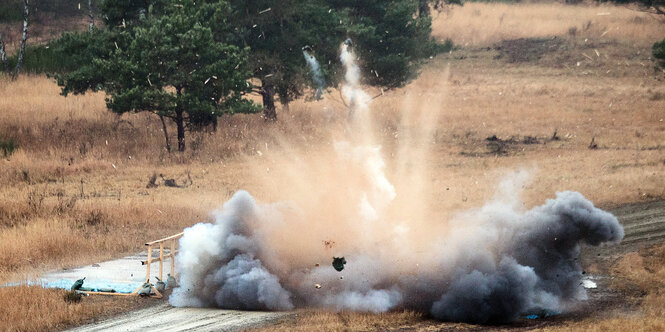 Explosion in heideartiger Landschaft auf einem Bundeswehr-Übungsplatz