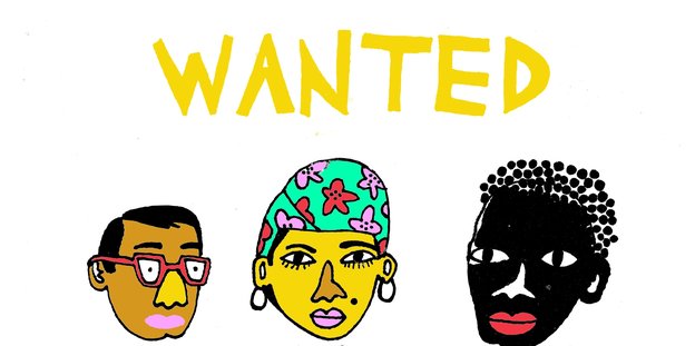 Drei Köpfe von People of Colour, darüber der Schriftzu „Wanted“ Drei Köpfe von People of Colour, darüber der Schriftzu „Wanted“