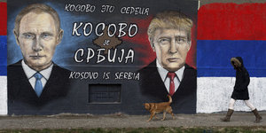 Eine Frau und ein Hund laufen an einem Graffiti von Trump und Putin vorbei