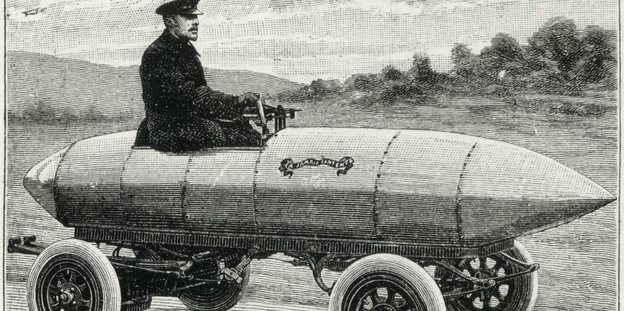 Histroische Darstellung: Camille Jenatzy in seinem Elektrorennwagen „La Jamais contente“