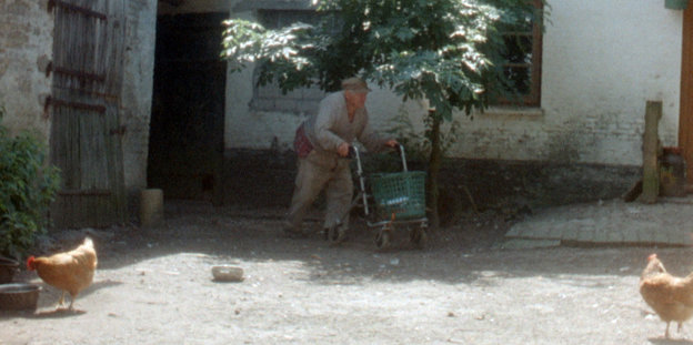 Ein alter Mann läuft gestützt auf einen Rollator über einen Hof, auf dem Hühner herumtippeln