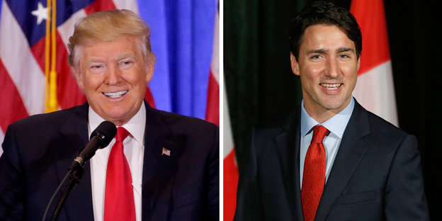 Donald Trump und Justin Trudeau, jeweils vor der Flagge ihres Landes