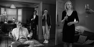 Sechs Darsteller aus Sally Potters Schwarzweißfilm "The Party" stehen steif mit Sektgläsern in der Hand im Raum