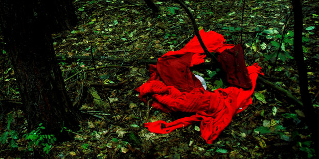 In einem grünen Waldstück liegt ein rotes Kleidungsstück