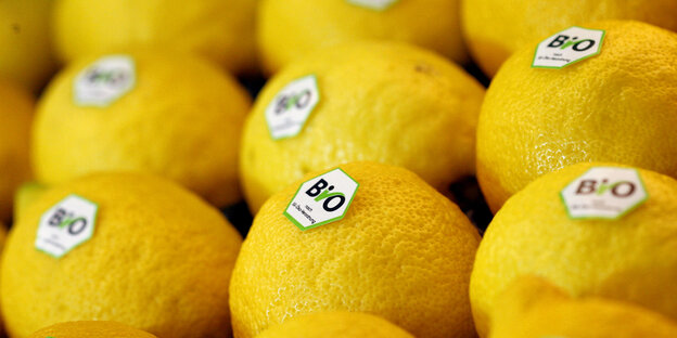 Zitronen, beklebt mit dem EU-Bio-Siegel