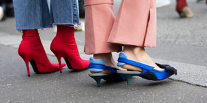 Red high heels and blue high heel sandals