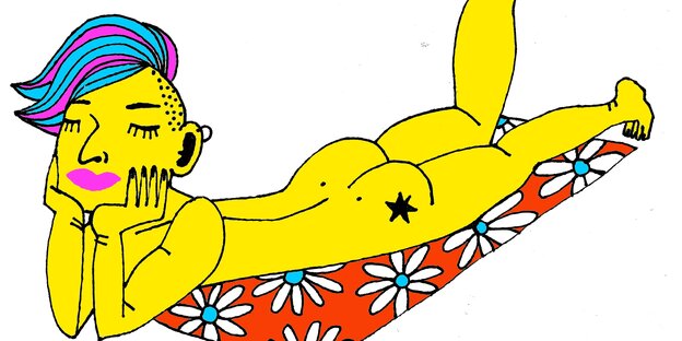 Illustration einer nackten Frau, die auf dem Bauch liegt.