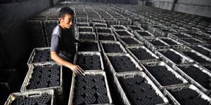 Ein chinesischer Arbeiter inmitten von Behältern mit Kohle