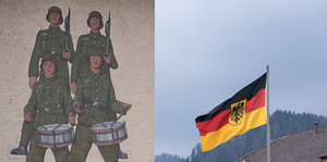 Flagge und Hauswand mit Soldatenbild